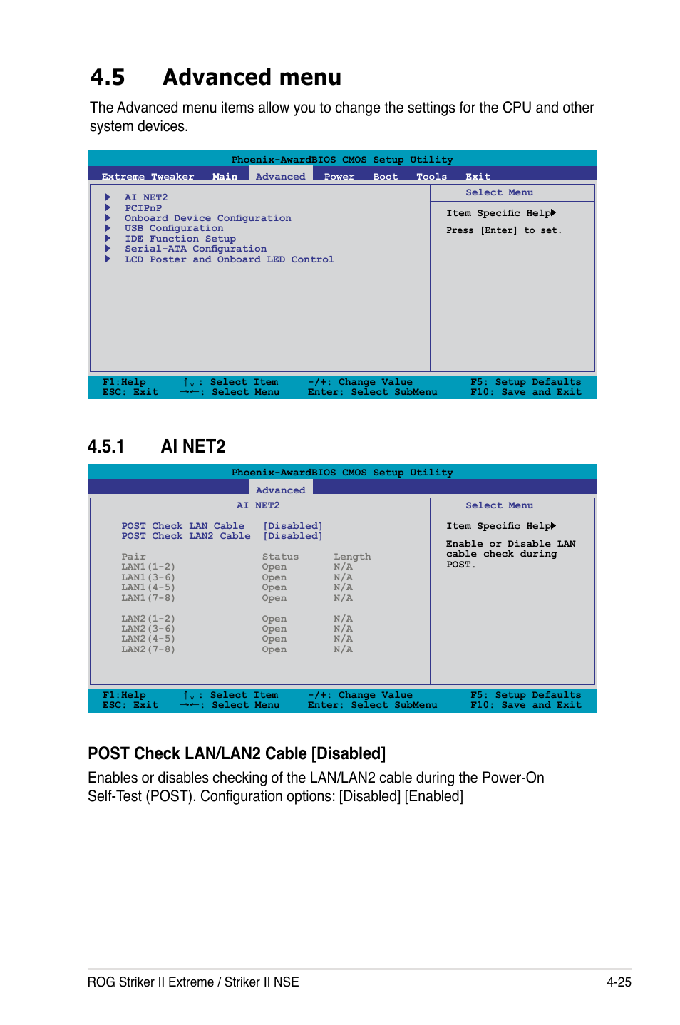 5 advanced menu, 1 ai net2, Advanced menu -25 4.5.1 | Ai net2 -25, Post check lan/lan2 cable [disabled, Rog striker ii extreme / striker ii nse 4-25 | Asus Striker II Extreme User Manual | Page 103 / 196