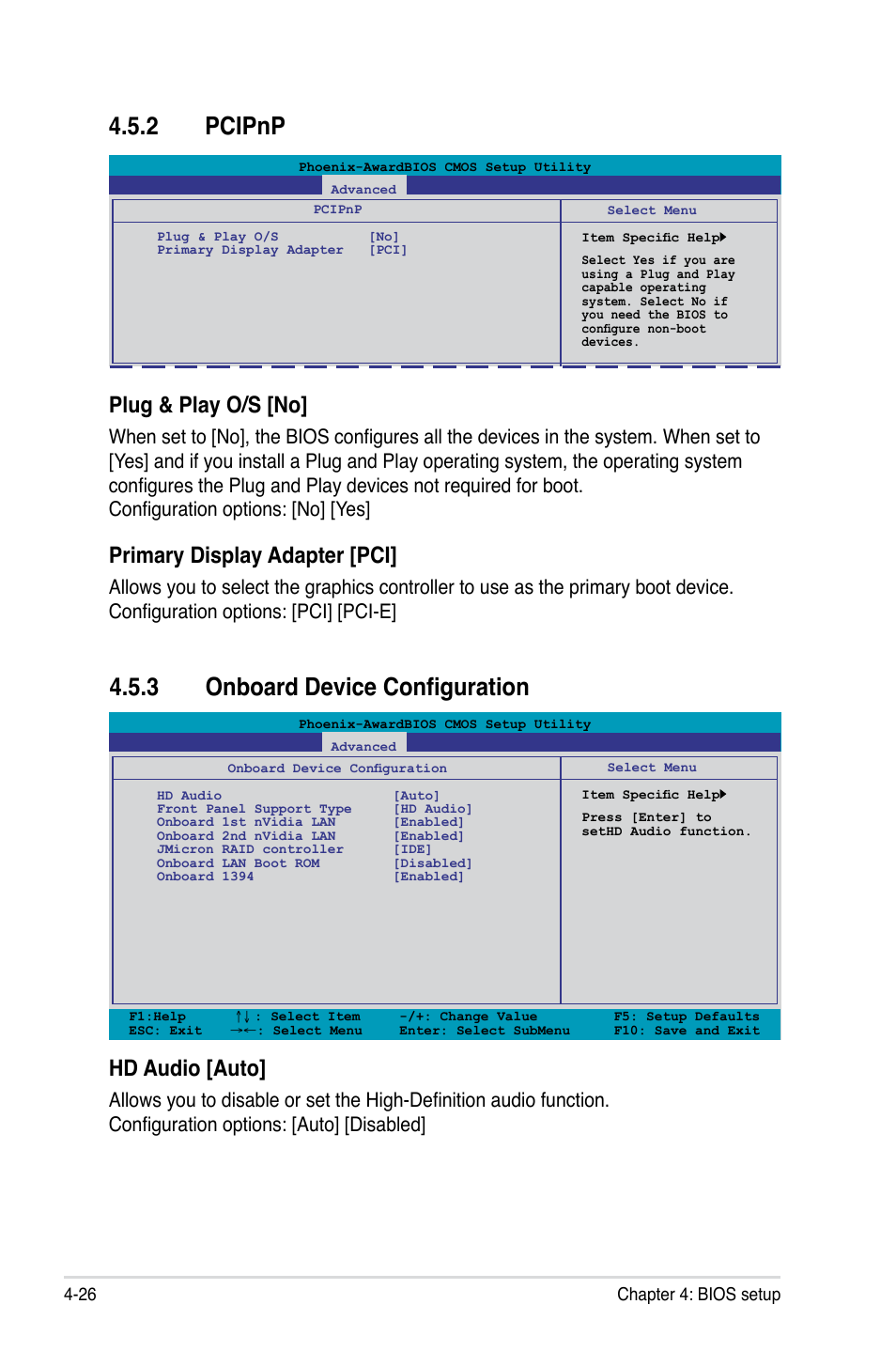 2 pcipnp, 3 onboard device configuration, Pcipnp -26 | 3 onboard device configuration -26, Plug & play o/s [no, Primary display adapter [pci, Hd audio [auto | Asus Striker II Extreme User Manual | Page 104 / 196