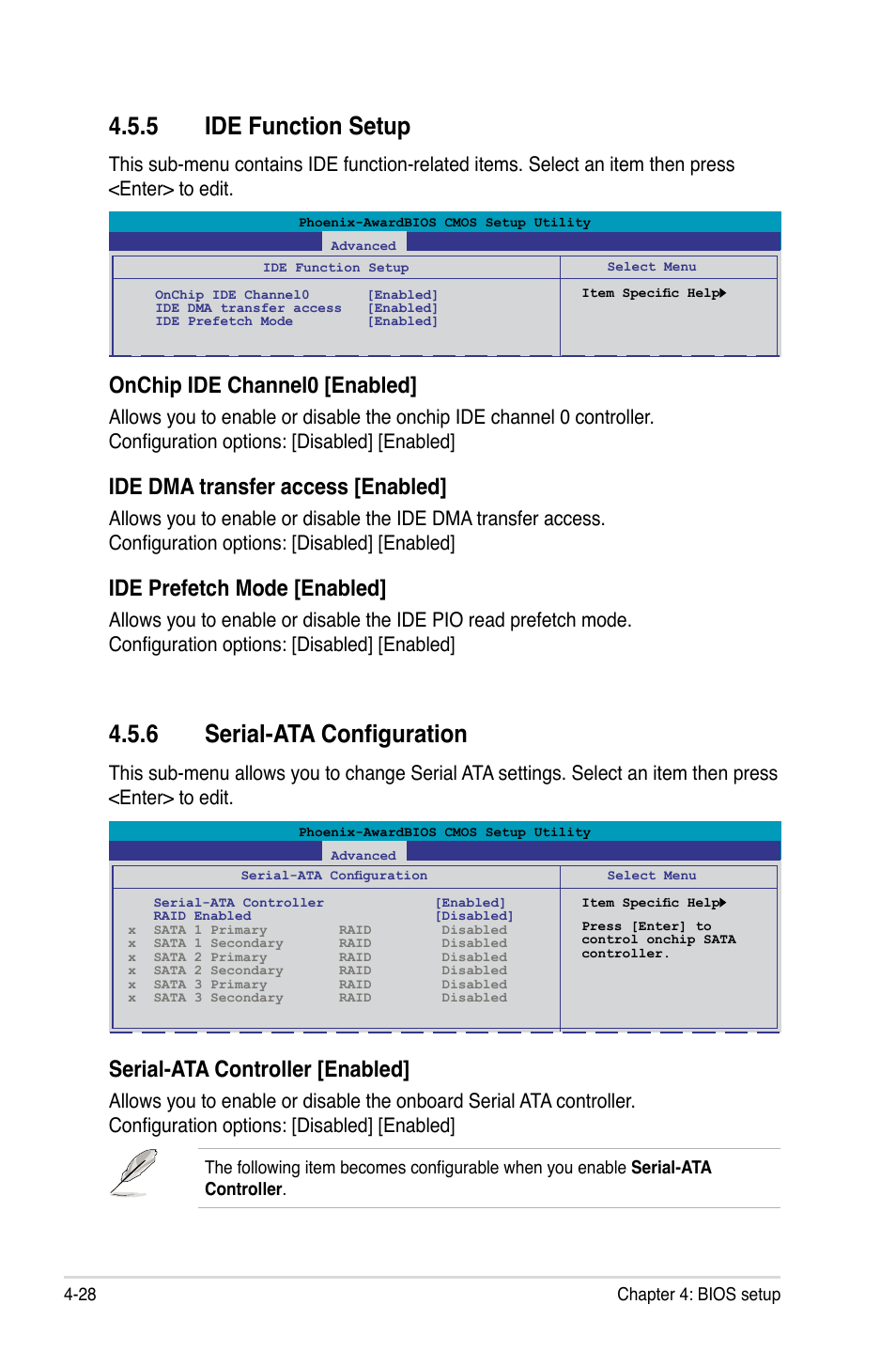 5 ide function setup, 6 serial-ata configuration, Ide function setup -28 | Serial-ata configuration -28, Onchip ide channel0 [enabled, Ide dma transfer access [enabled, Ide prefetch mode [enabled, Serial-ata controller [enabled | Asus Striker II Extreme User Manual | Page 106 / 196