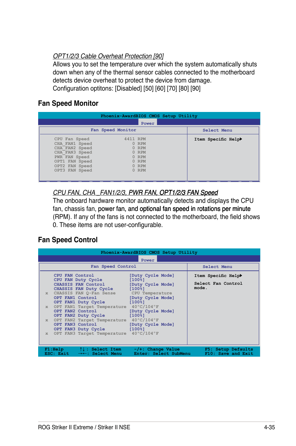 Fan speed control, Fan speed monitor, Rog striker ii extreme / striker ii nse 4-35 | Asus Striker II Extreme User Manual | Page 113 / 196