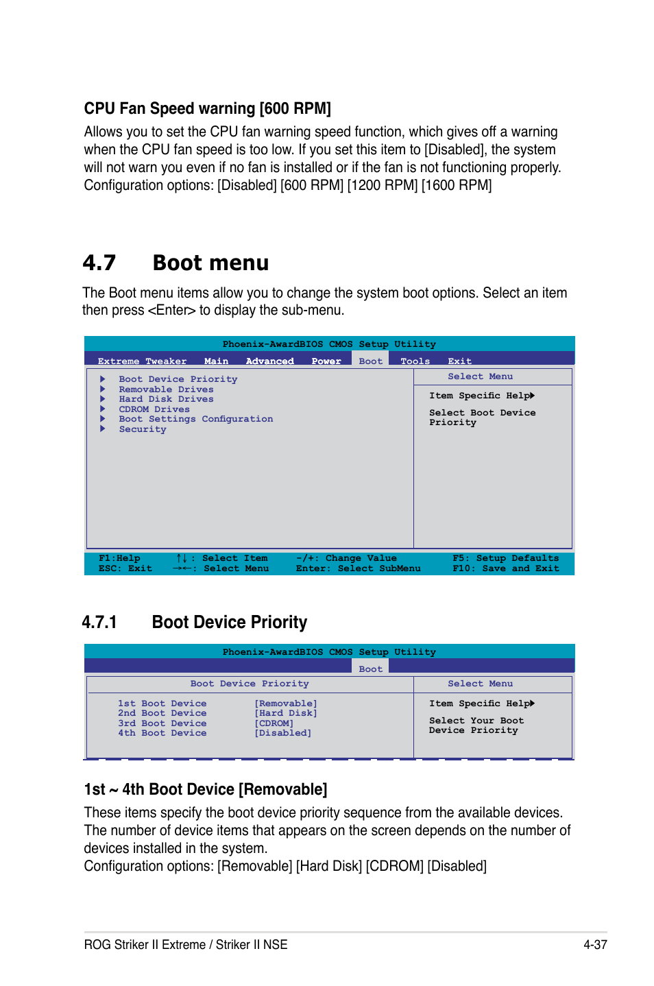 7 boot menu, 1 boot device priority, Boot menu -37 4.7.1 | Boot device priority -37, Cpu fan speed warning [600 rpm, 1st ~ 4th boot device [removable | Asus Striker II Extreme User Manual | Page 115 / 196