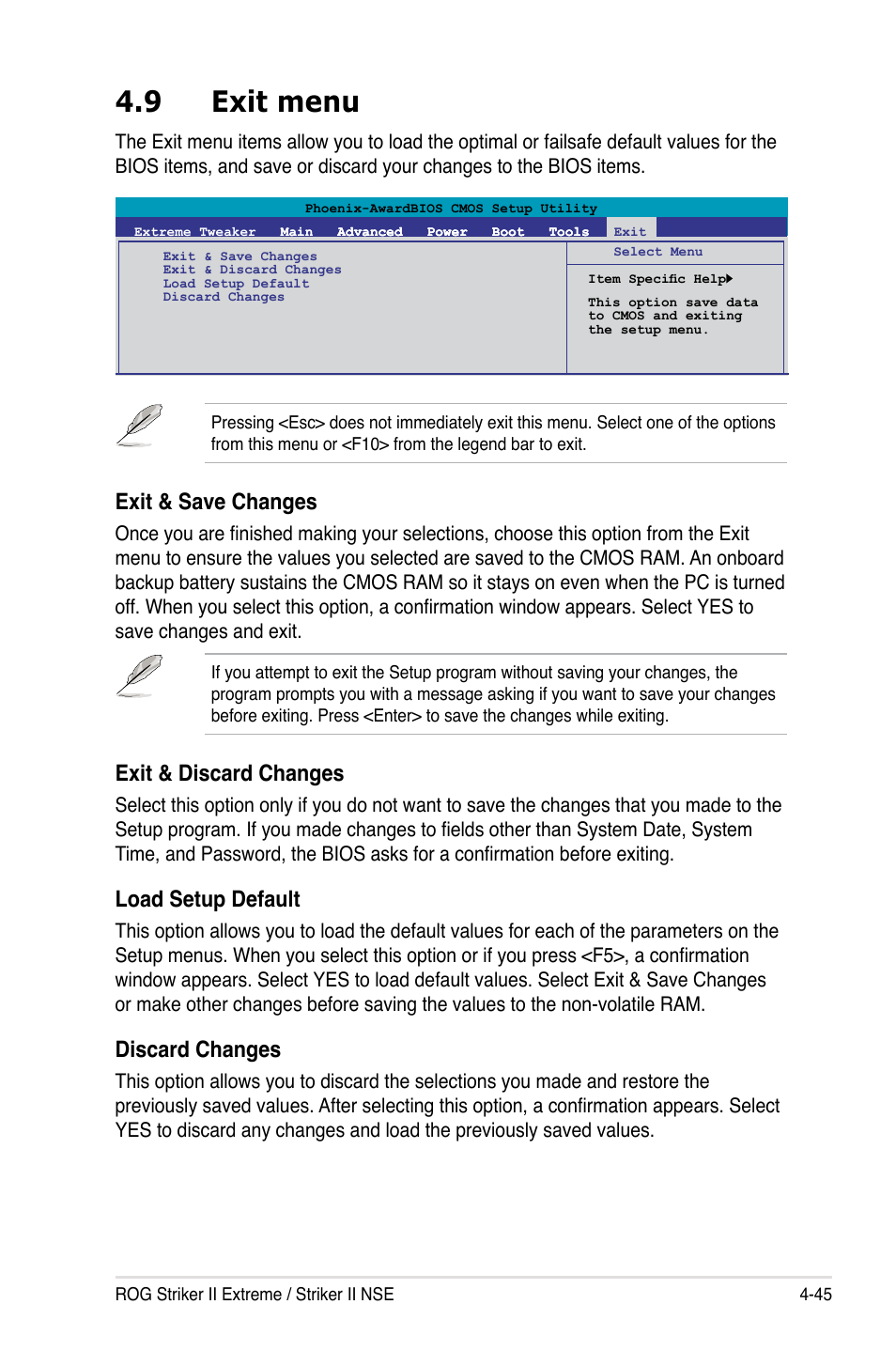 9 exit menu, Exit menu -45, Exit & save changes | Exit & discard changes, Load setup default, Discard changes | Asus Striker II Extreme User Manual | Page 123 / 196