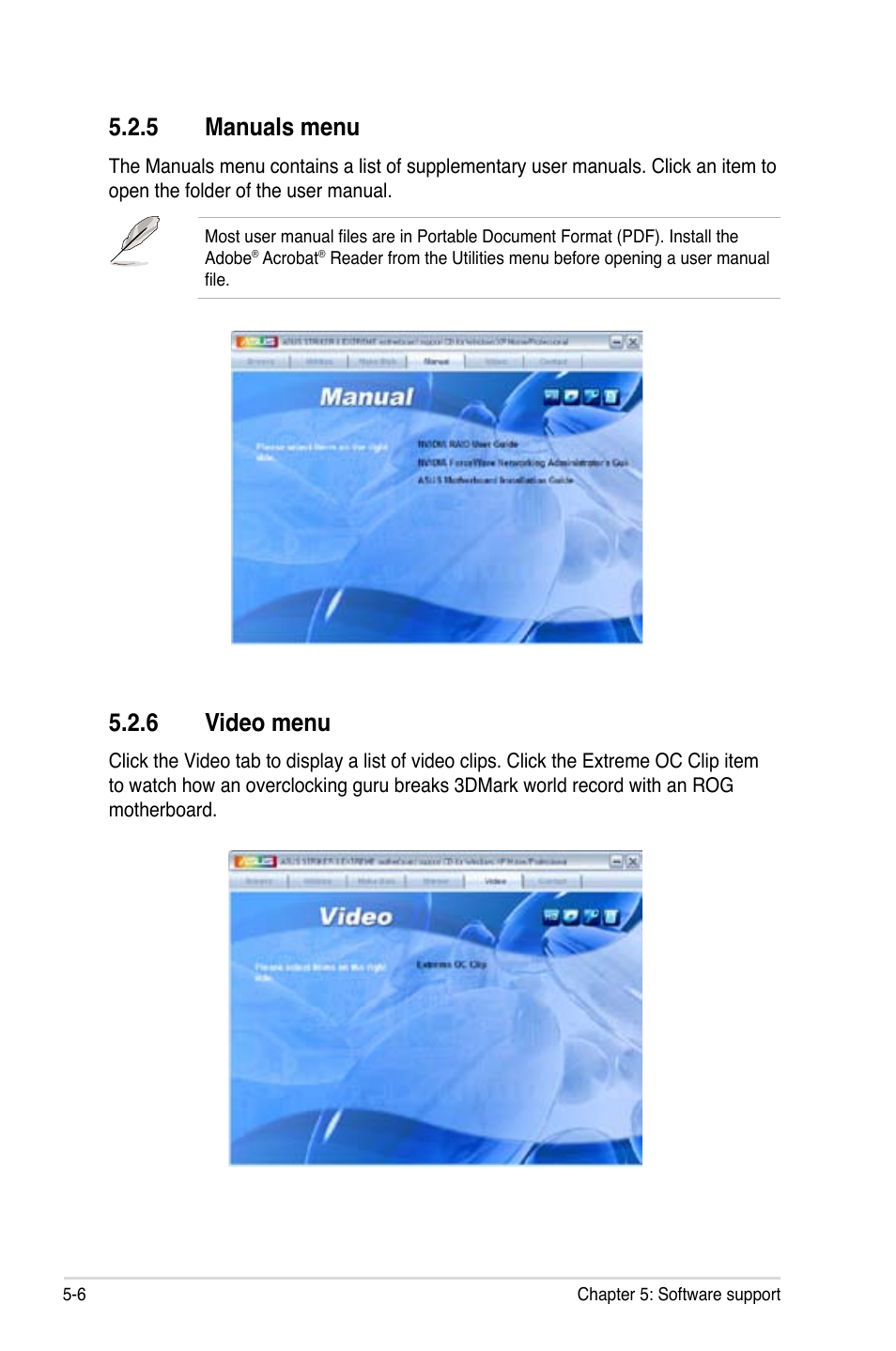 5 manuals menu, 6 video menu, Manuals menu -6 | Video menu -6 | Asus Striker II Extreme User Manual | Page 132 / 196