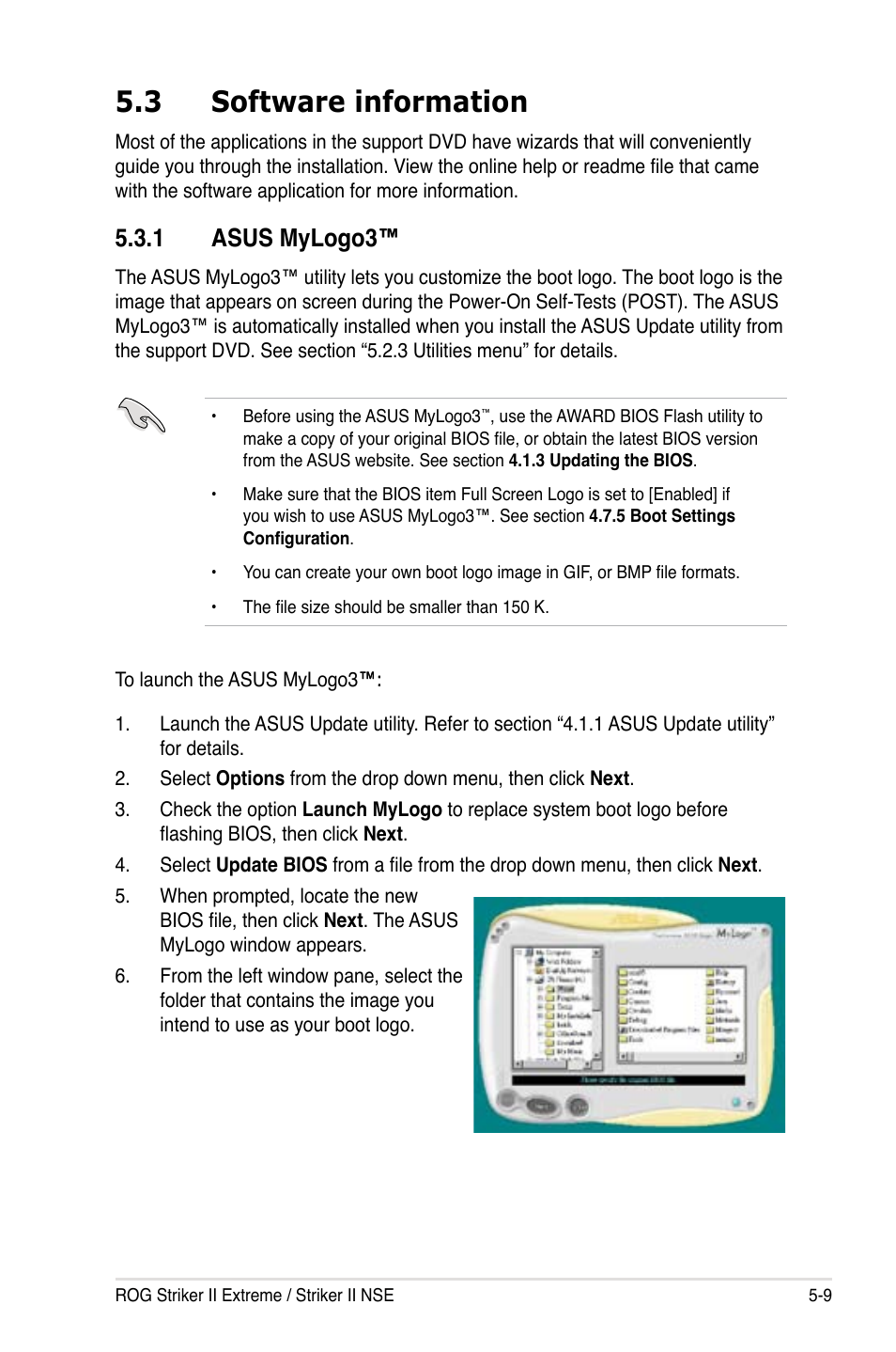 3 software information, 1 asus mylogo3, Software information -9 5.3.1 | Asus mylogo3™ -9 | Asus Striker II Extreme User Manual | Page 135 / 196