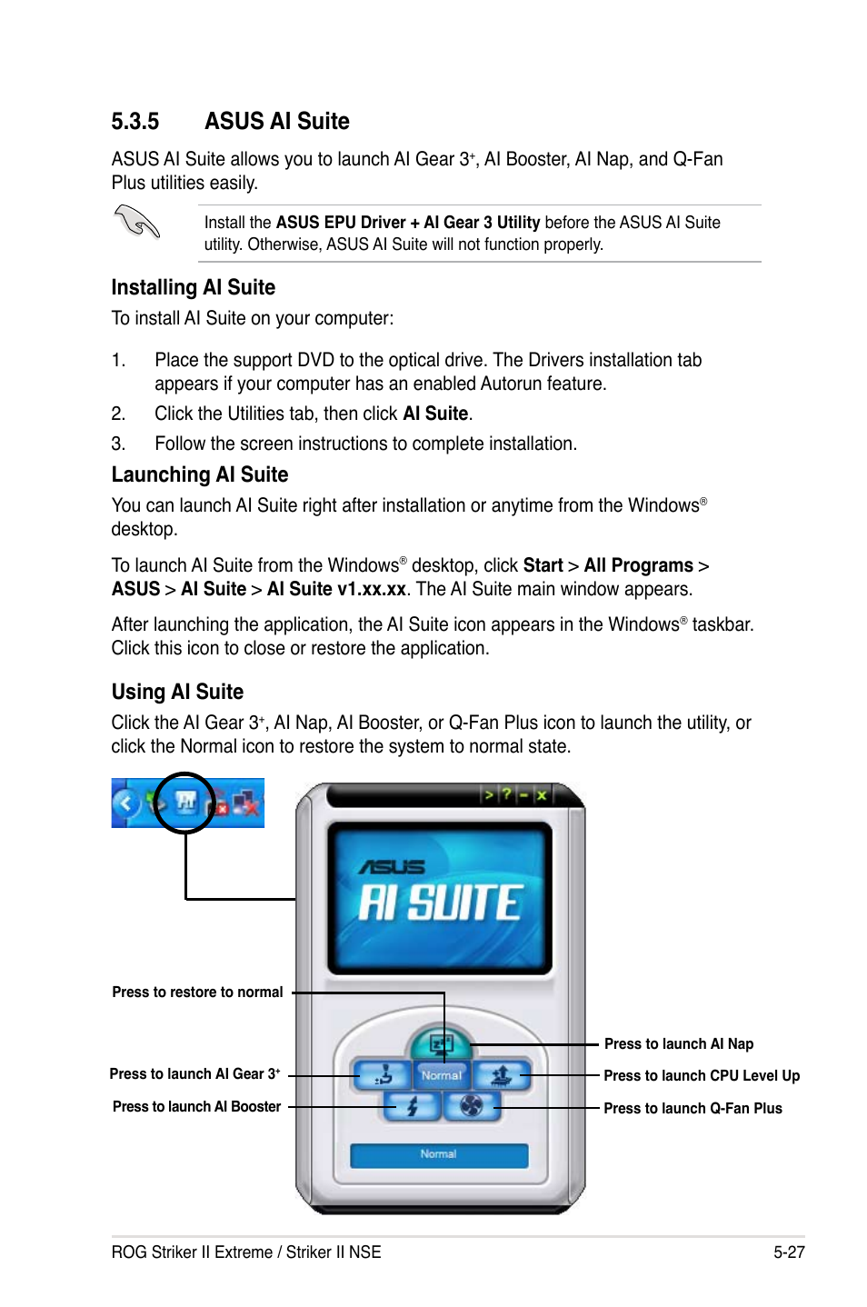 5 asus ai suite, 5 asus ai suite -27, Installing ai suite | Launching ai suite, Using ai suite | Asus Striker II Extreme User Manual | Page 153 / 196