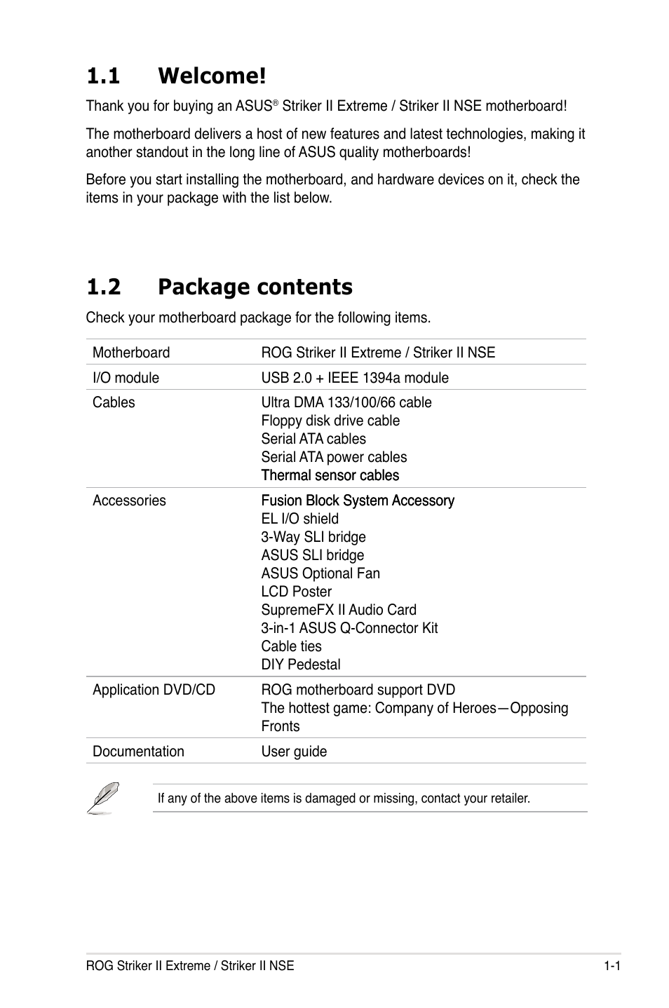 1 welcome, 2 package contents, Welcome! -1 | Package contents -1 | Asus Striker II Extreme User Manual | Page 17 / 196