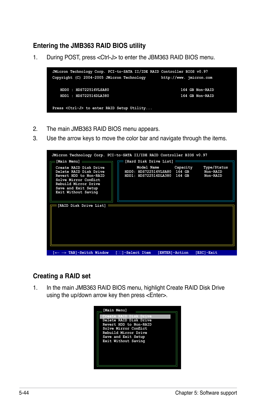 Entering the jmb363 raid bios utility, Creating a raid set, 44 chapter 5: software support | Asus Striker II Extreme User Manual | Page 170 / 196