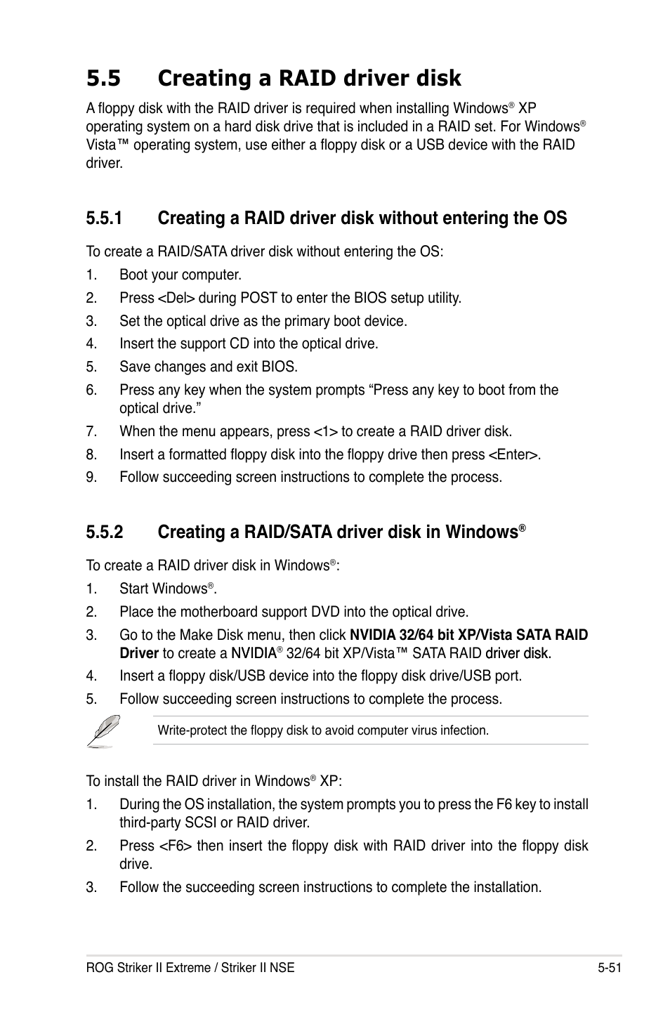 5 creating a raid driver disk, 2 creating a raid/sata driver disk in windows, Creating a raid driver disk -51 5.5.1 | Creating a raid/sata driver disk in windows | Asus Striker II Extreme User Manual | Page 177 / 196