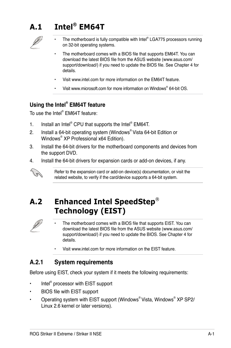 A.1 intel® em64t, A.2 enhanced intel speedstep® technology (eist), A.2.1 system requirements | Intel, Enhanced intel speedstep, Technology (eist) ........................a-1, A.1 intel, Em64t, A.2 enhanced intel speedstep, Technology (eist) | Asus Striker II Extreme User Manual | Page 191 / 196