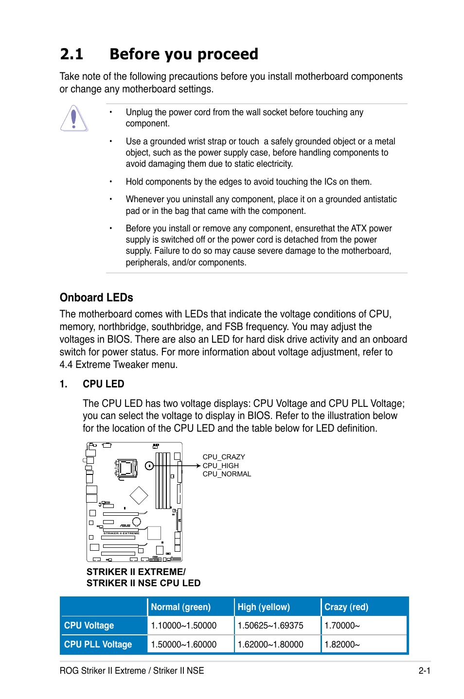 1 before you proceed, Before you proceed -1, Onboard leds | Asus Striker II Extreme User Manual | Page 27 / 196