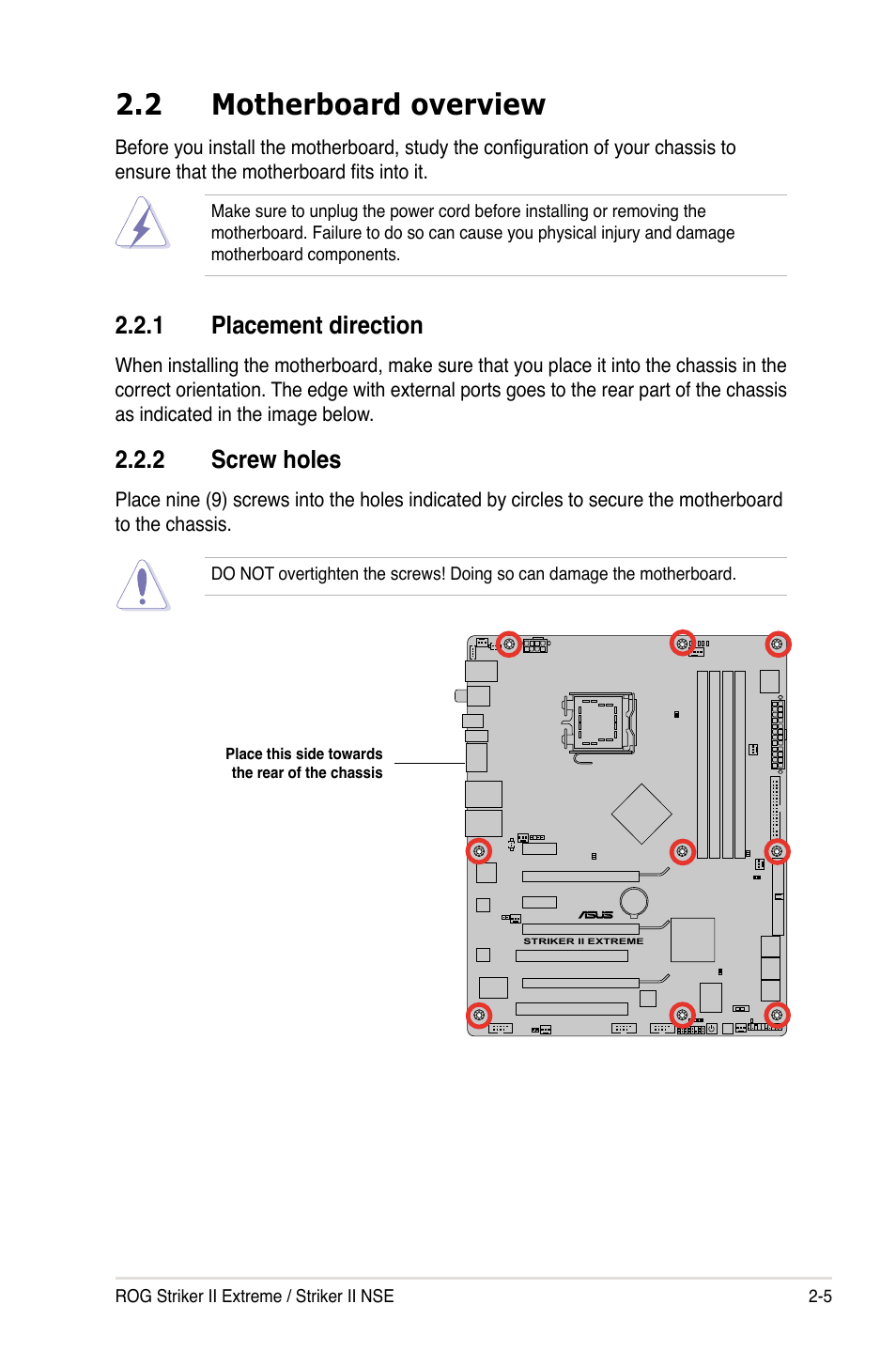 2 motherboard overview, 1 placement direction, 2 screw holes | Motherboard overview -5 2.2.1, Placement direction -5, Screw holes -5 | Asus Striker II Extreme User Manual | Page 31 / 196