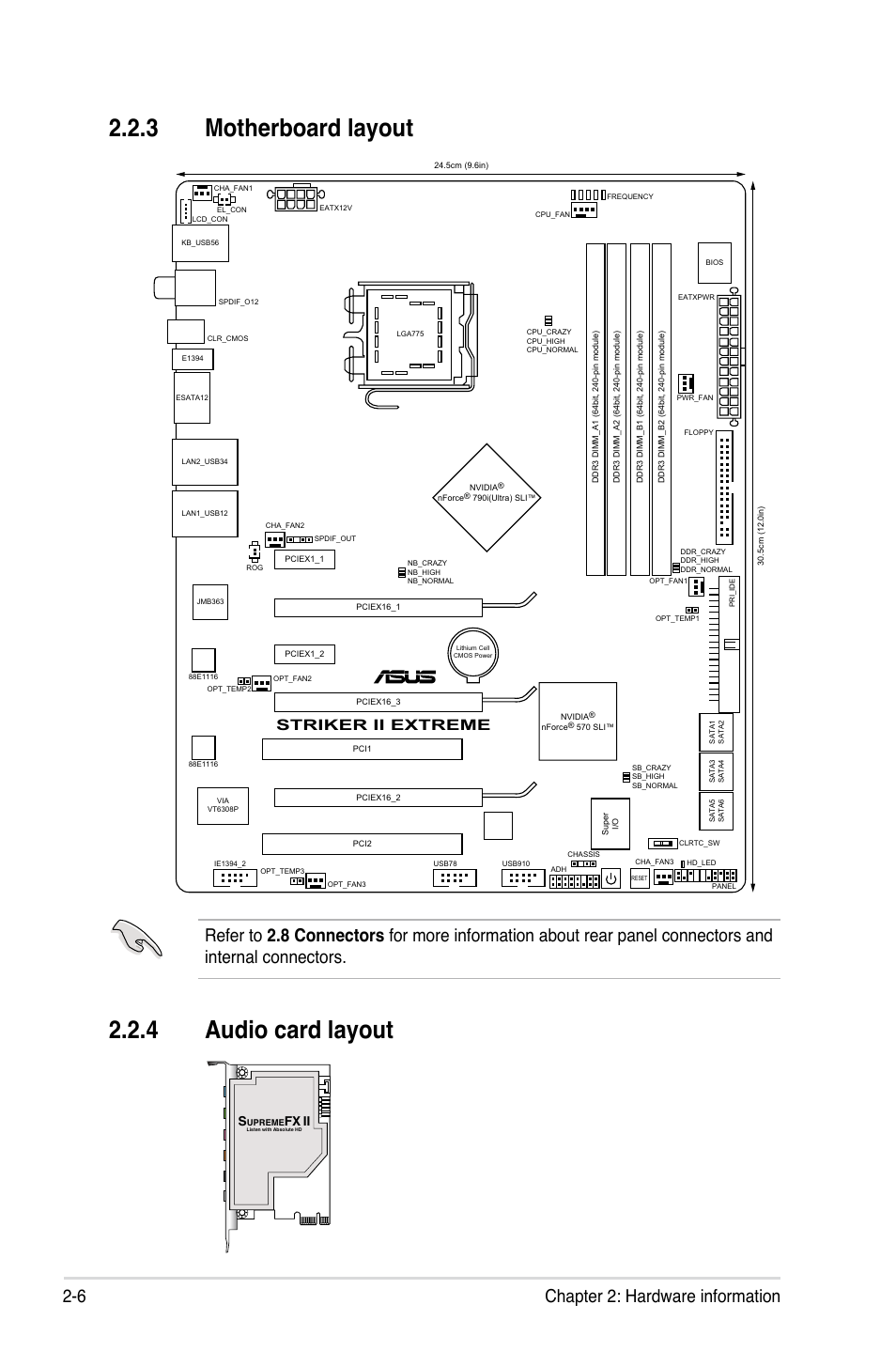 3 motherboard layout, 4 audio card layout, Motherboard layout -6 | Audio card layout -6, 6 chapter 2: hardware information, Striker ii extreme | Asus Striker II Extreme User Manual | Page 32 / 196