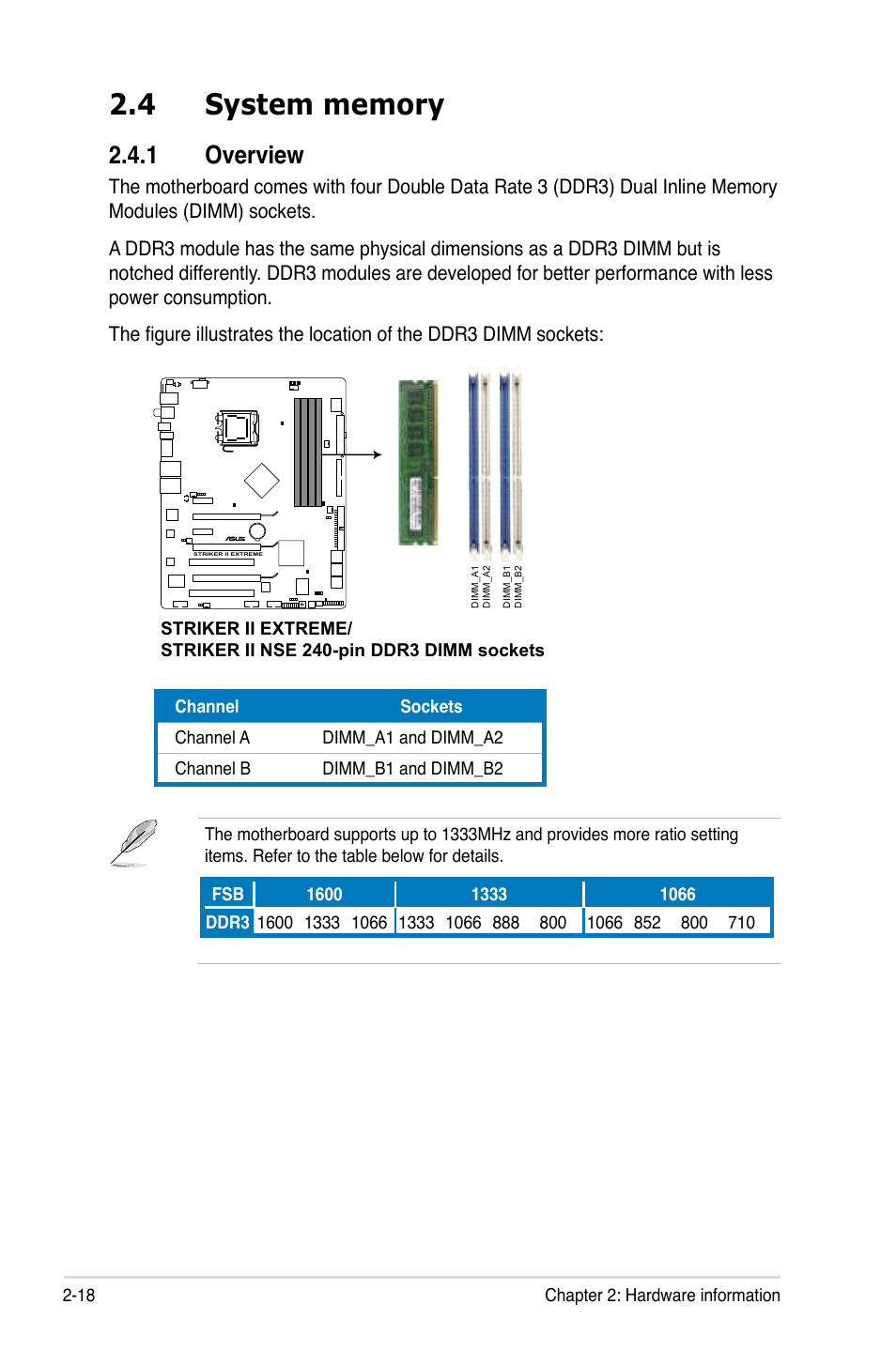 4 system memory, 1 overview, System memory -18 2.4.1 | Overview -18 | Asus Striker II Extreme User Manual | Page 44 / 196