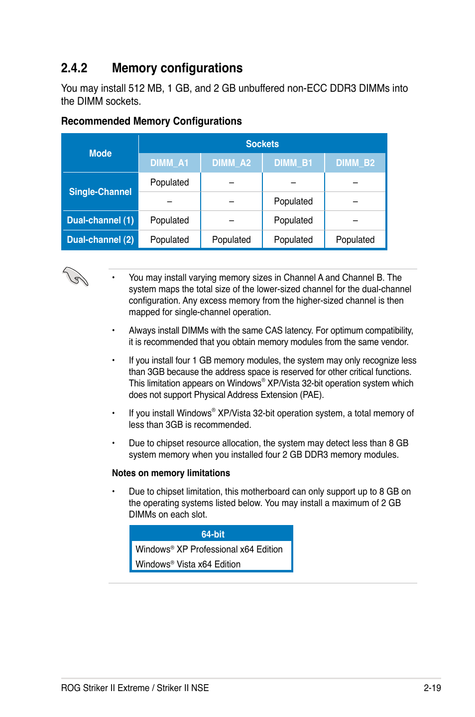 2 memory configurations, Memory configurations -19 | Asus Striker II Extreme User Manual | Page 45 / 196