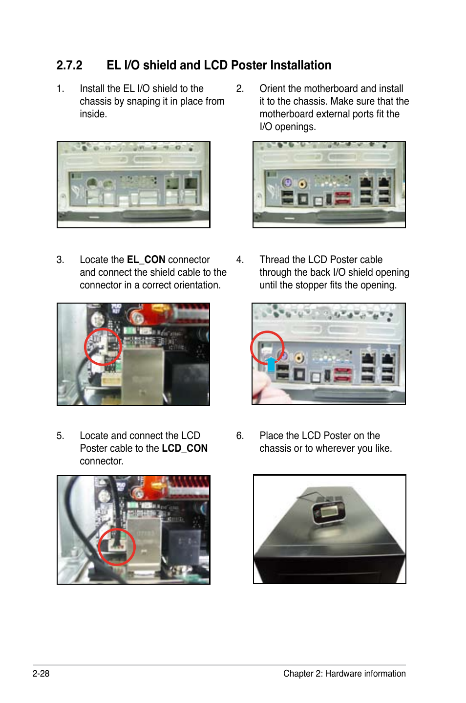 2 el i/o shield and lcd poster installation, El i/o shield and lcd poster installation -28 | Asus Striker II Extreme User Manual | Page 54 / 196