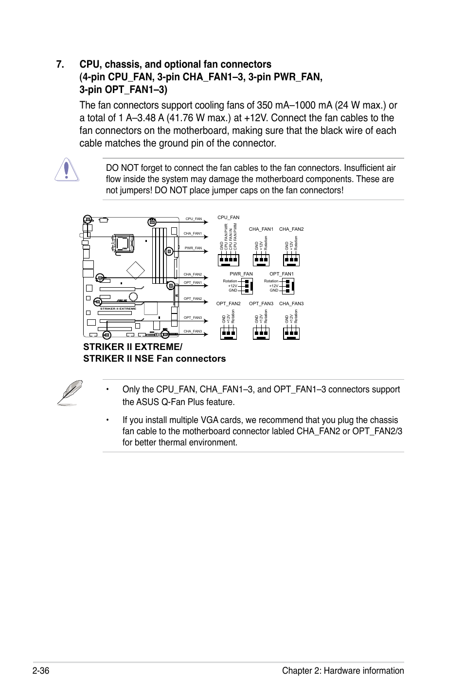 36 chapter 2: hardware information, Striker ii extreme/ striker ii nse fan connectors | Asus Striker II Extreme User Manual | Page 62 / 196