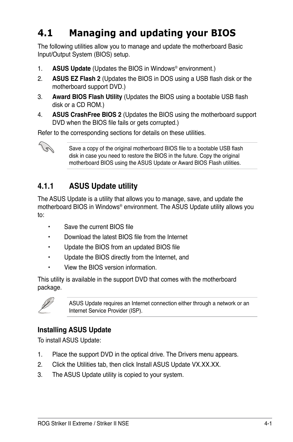 1 managing and updating your bios, 1 asus update utility, Managing and updating your bios -1 4.1.1 | Asus update utility -1 | Asus Striker II Extreme User Manual | Page 79 / 196