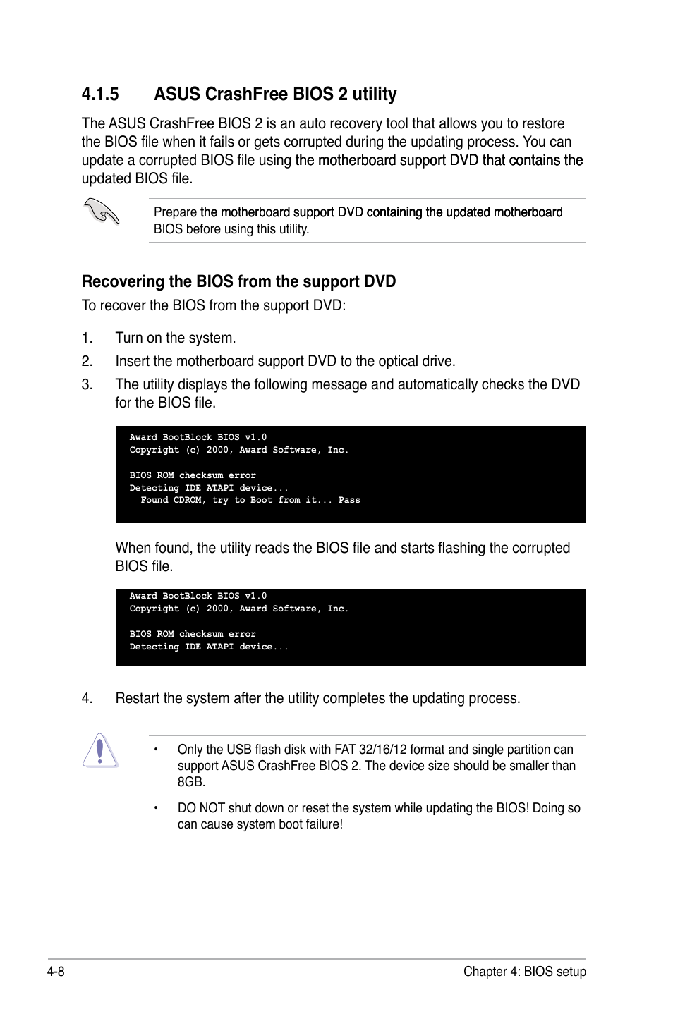 5 asus crashfree bios 2 utility, Asus crashfree bios 2 utility -8, Recovering the bios from the support dvd | Asus Striker II Extreme User Manual | Page 86 / 196