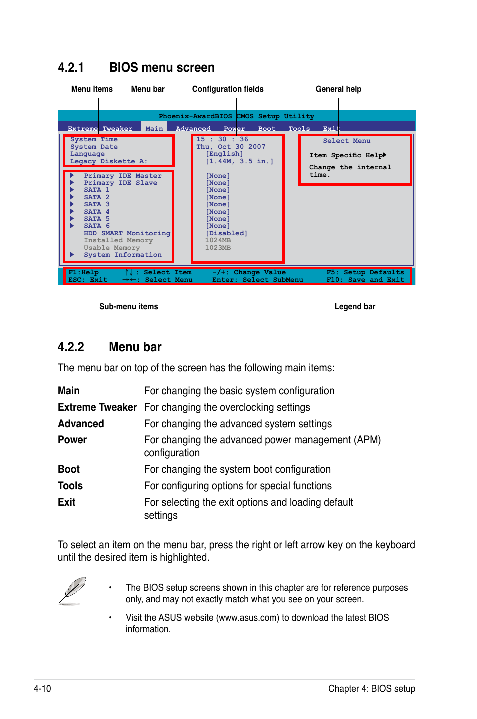 1 bios menu screen, 2 menu bar, Bios menu screen -10 | Menu bar -10 | Asus Striker II Extreme User Manual | Page 88 / 196