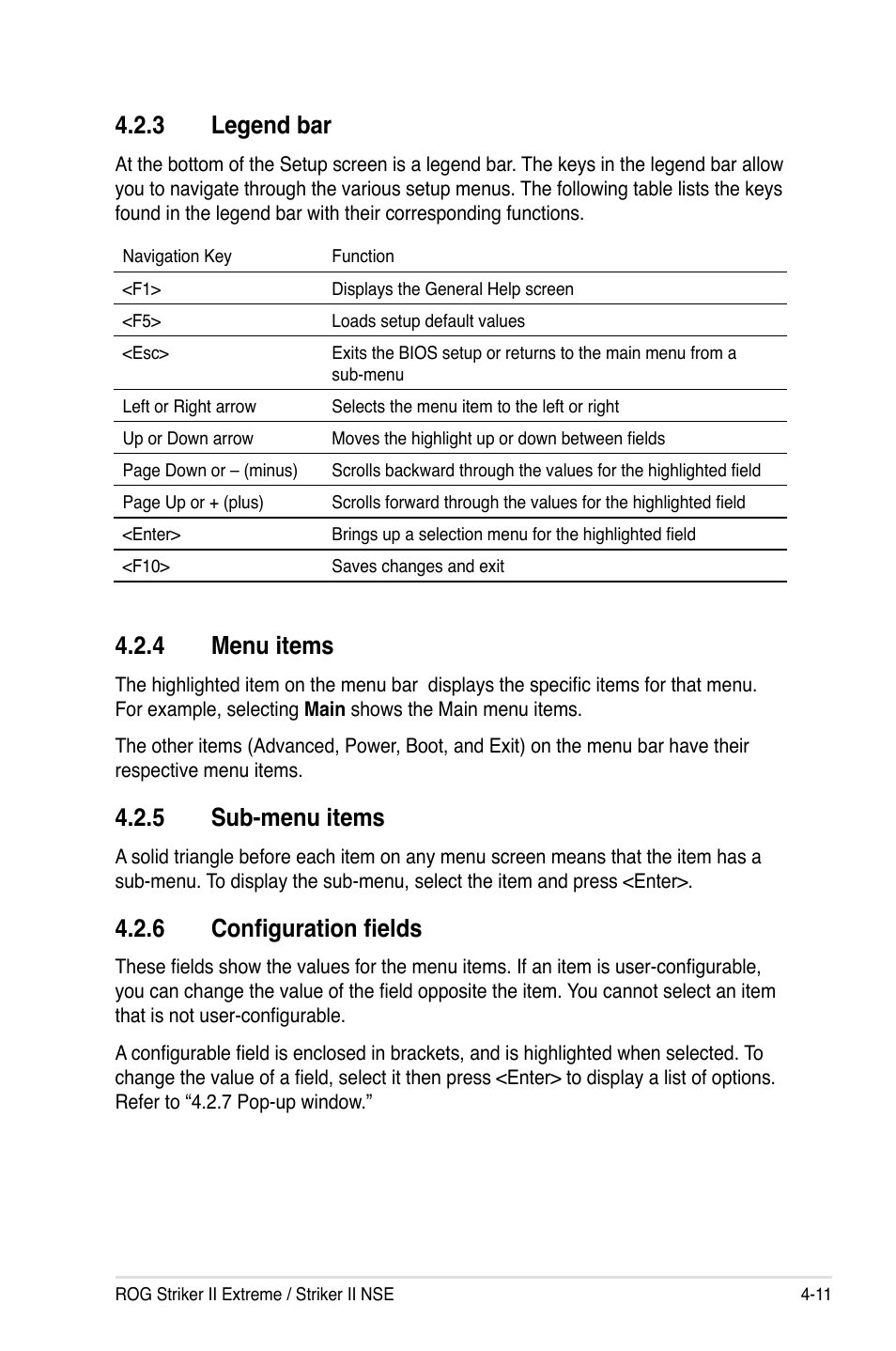 3 legend bar, 4 menu items, 5 sub-menu items | 6 configuration fields, Legend bar -11, Menu items -11, Sub-menu items -11, Configuration fields -11 | Asus Striker II Extreme User Manual | Page 89 / 196