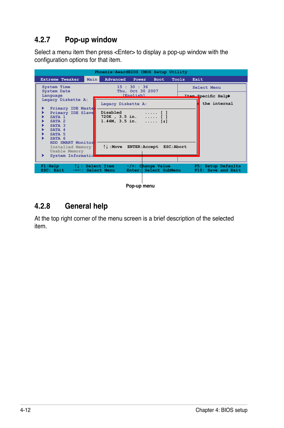 7 pop-up window, 8 general help, Pop-up window -12 | General help -12, 12 chapter 4: bios setup | Asus Striker II Extreme User Manual | Page 90 / 196