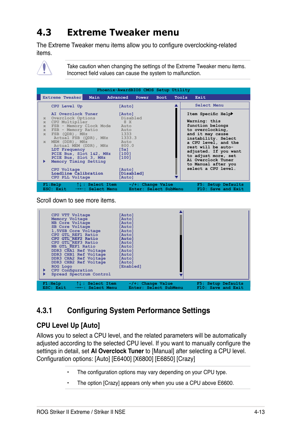 3 extreme tweaker menu, 1 configuring system performance settings, Extreme tweaker menu -13 4.3.1 | Configuring system performance settings -13, 1 configure system performance settings, Cpu level up [auto, Scroll down to see more items, Rog striker ii extreme / striker ii nse 4-13 | Asus Striker II Extreme User Manual | Page 91 / 196