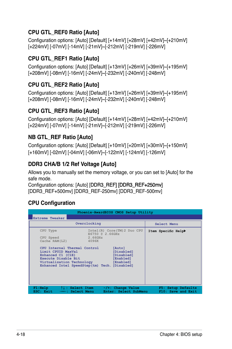 Cpu gtl_ref0 ratio [auto, Cpu gtl_ref1 ratio [auto, Cpu gtl_ref2 ratio [auto | Cpu gtl_ref3 ratio [auto, Nb gtl_ref ratio [auto, Ddr3 cha/b 1/2 ref voltage [auto, Cpu configuration | Asus Striker II Extreme User Manual | Page 96 / 196