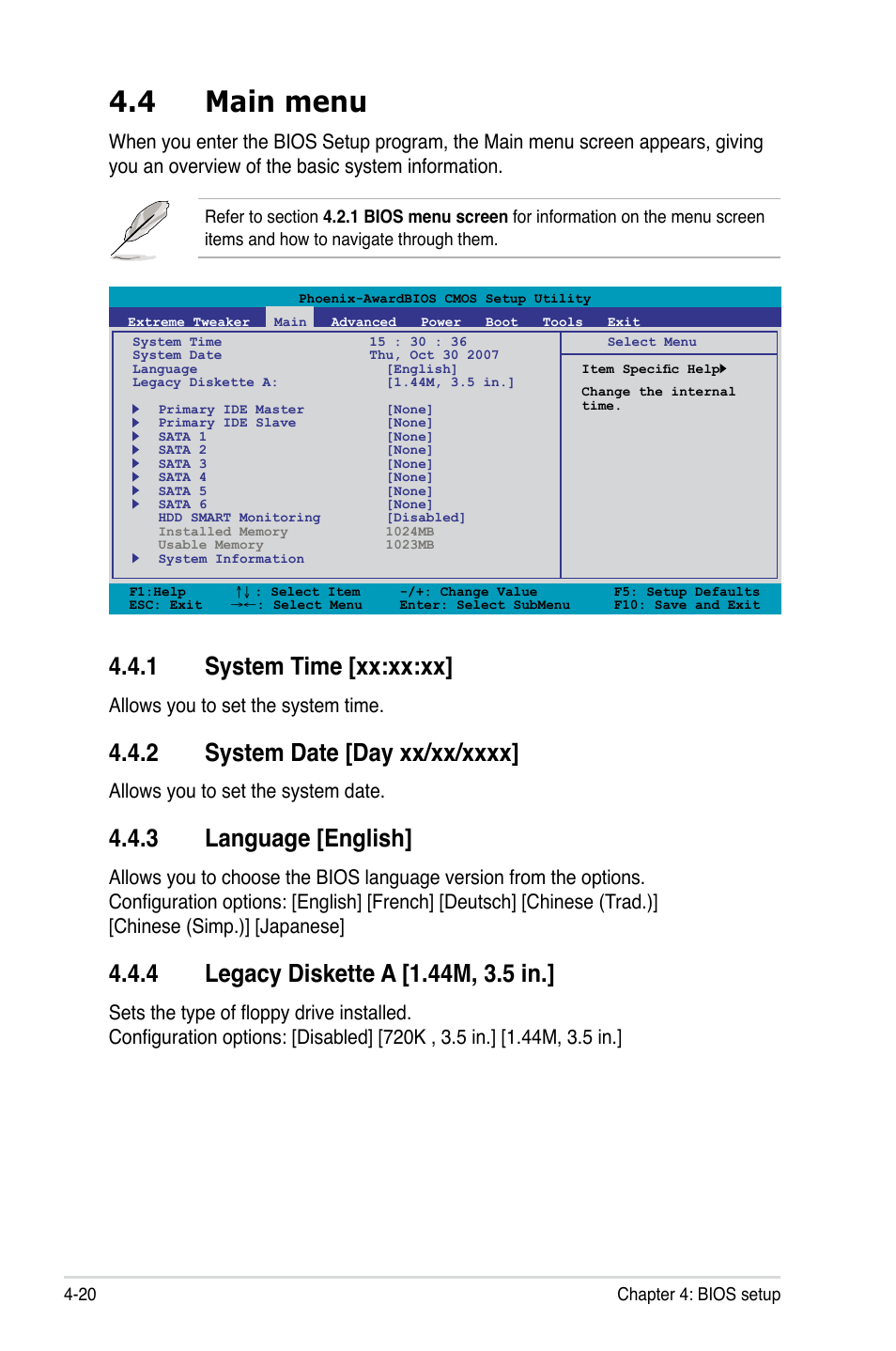 4 main menu, 1 system time [xx:xx:xx, 2 system date [day xx/xx/xxxx | 3 language [english, 4 legacy diskette a [1.44m, 3.5 in, Main menu -20 4.4.1, System time -20, System date -20, Language -20, Legacy diskette a -20 | Asus Striker II Extreme User Manual | Page 98 / 196