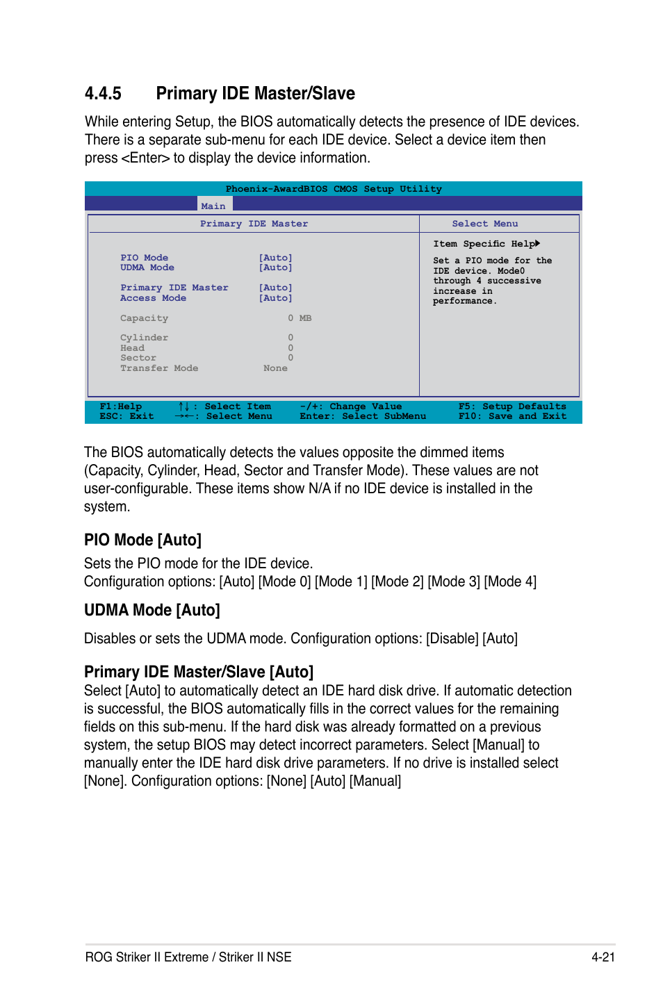 5 primary ide master/slave, Primary ide master/slave -21, Pio mode [auto | Udma mode [auto, Primary ide master/slave [auto | Asus Striker II Extreme User Manual | Page 99 / 196