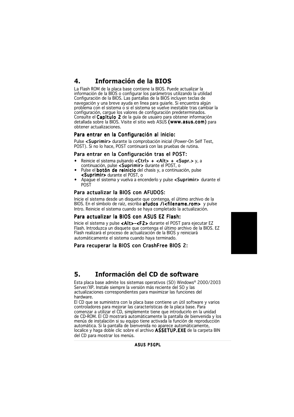 Información de la bios, Información del cd de software | Asus P5GPL User Manual | Page 13 / 20