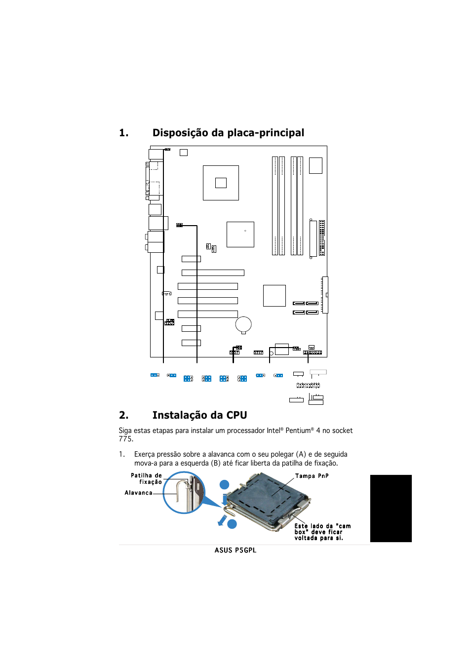 Instalação da cpu, Disposição da placa-principal, Portugu ê s | Pentium | Asus P5GPL User Manual | Page 17 / 20