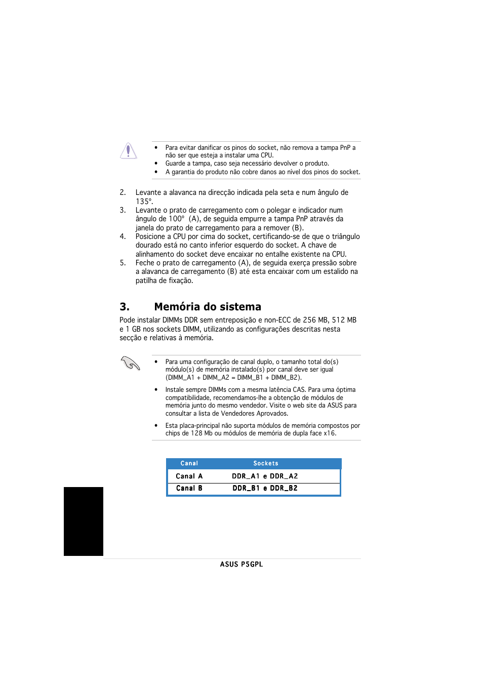 Memória do sistema, Portugu ê s | Asus P5GPL User Manual | Page 18 / 20