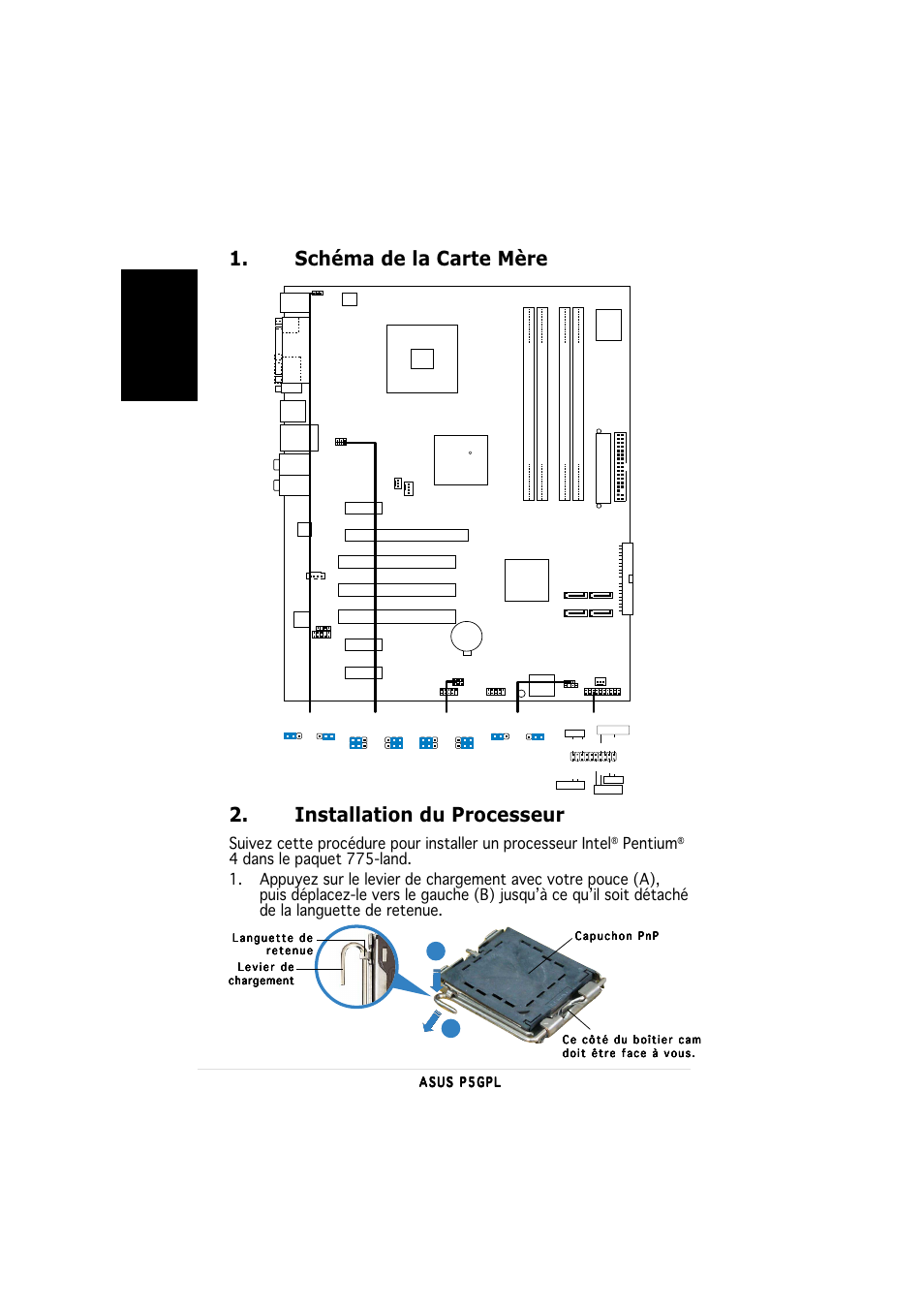 Schéma de la carte mère, Installation du processeur, Français | Pentium | Asus P5GPL User Manual | Page 2 / 20