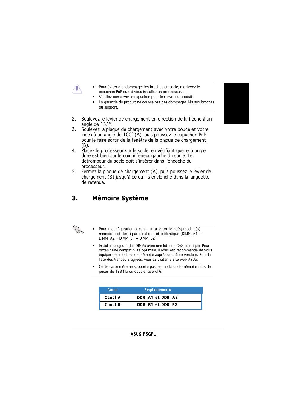 Mémoire système, Fran ç ais | Asus P5GPL User Manual | Page 3 / 20