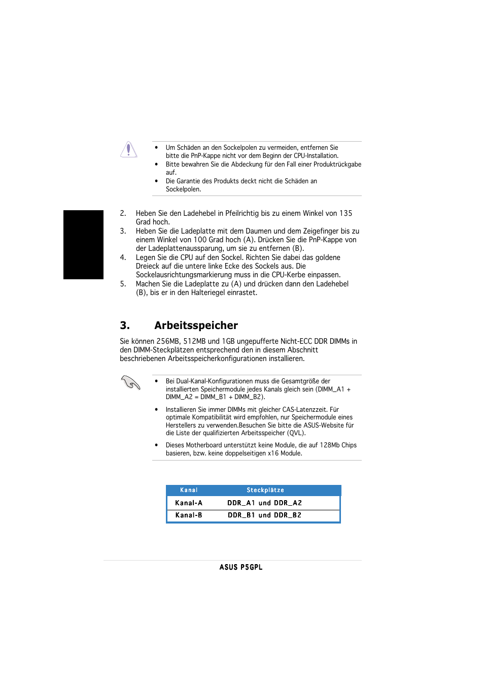 Arbeitsspeicher, Deutsch | Asus P5GPL User Manual | Page 6 / 20