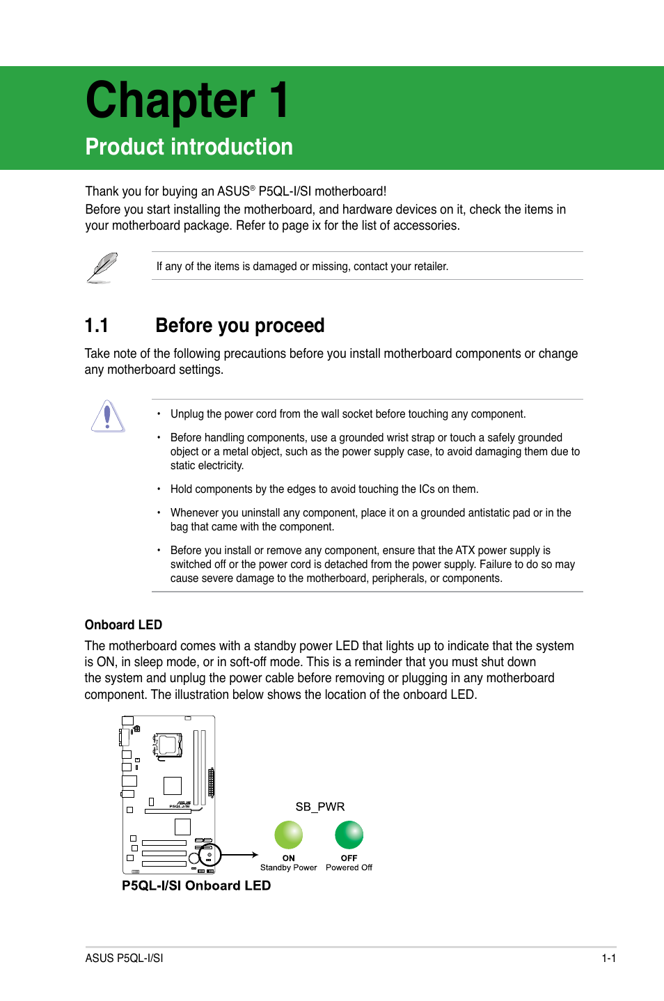 Chapter 1, Product introduction, 1 before you proceed | Before you proceed -1 | Asus P5QL-I/SI User Manual | Page 10 / 40