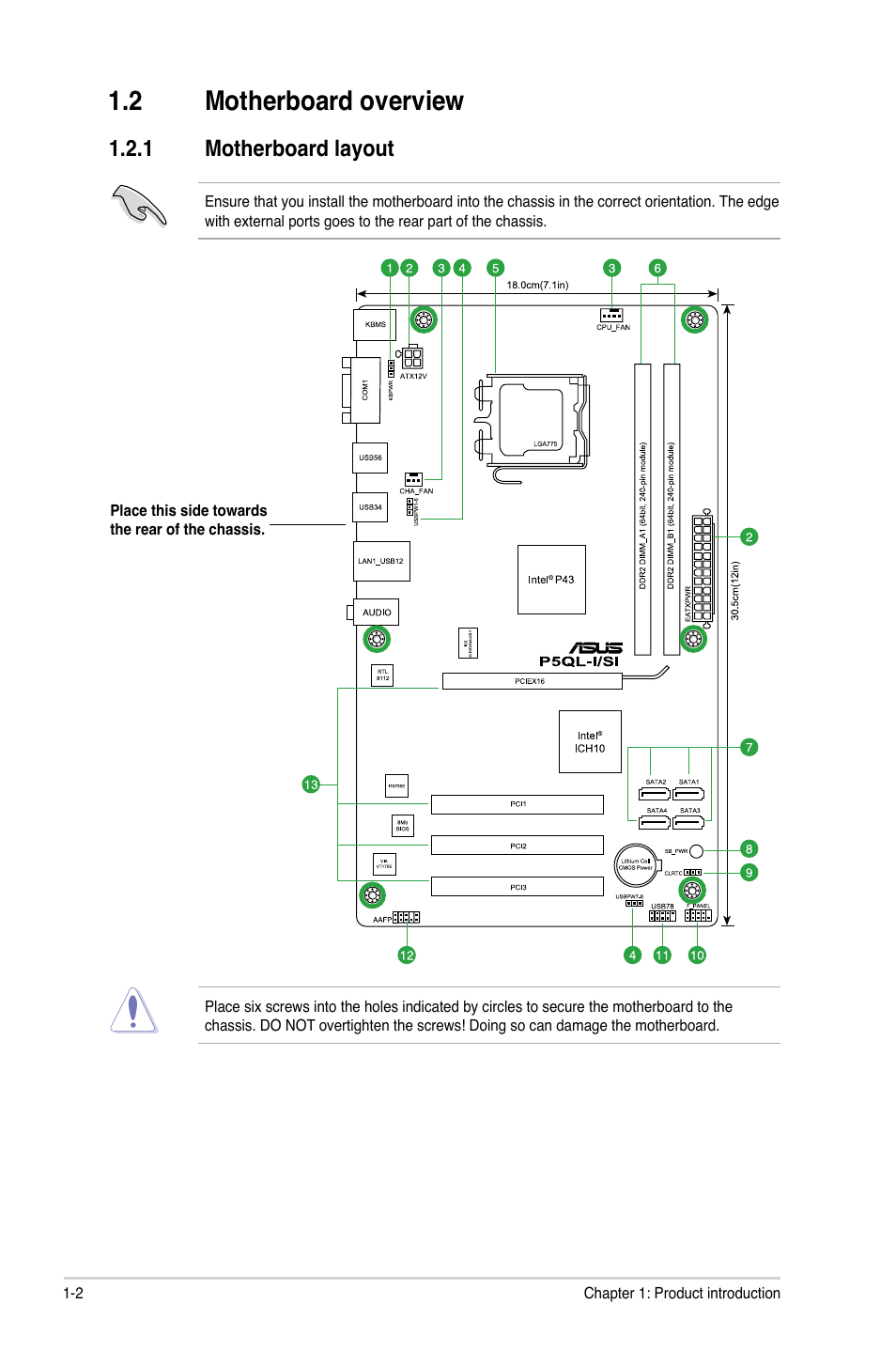 2 motherboard overview, 1 motherboard layout, Motherboard overview -2 1.2.1 | Motherboard layout -2 | Asus P5QL-I/SI User Manual | Page 11 / 40