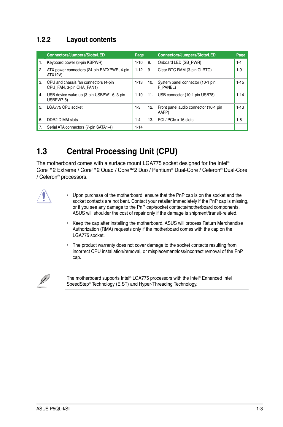 2 layout contents, 3 central processing unit (cpu), Layout contents -3 | Central processing unit (cpu) -3, Dual-core / celeron, Processors | Asus P5QL-I/SI User Manual | Page 12 / 40