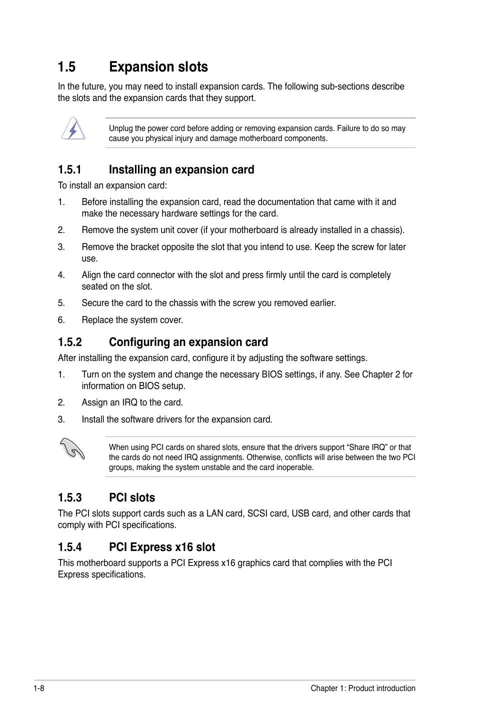 5 expansion slots, 1 installing an expansion card, 2 configuring an expansion card | 3 pci slots, 4 pci express x16 slot, Expansion slots -8 1.5.1, Installing an expansion card -8, Configuring an expansion card -8, Pci slots -8, Pci express x16 slot -8 | Asus P5QL-I/SI User Manual | Page 17 / 40