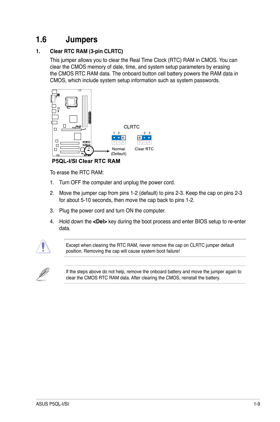 6 jumpers, Jumpers -9 | Asus P5QL-I/SI User Manual | Page 18 / 40