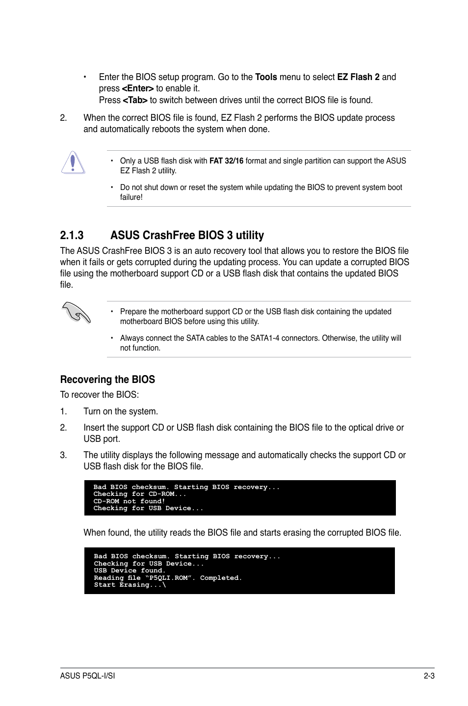 3 asus crashfree bios 3 utility, Asus crashfree bios 3 utility -3, Recovering the bios | Asus P5QL-I/SI User Manual | Page 28 / 40