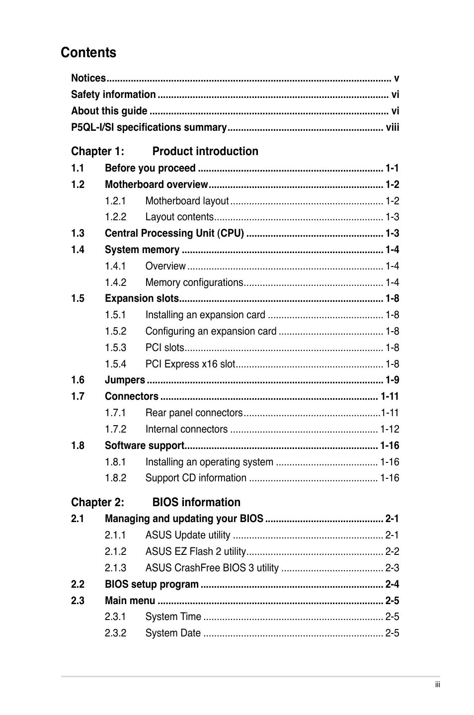Asus P5QL-I/SI User Manual | Page 3 / 40