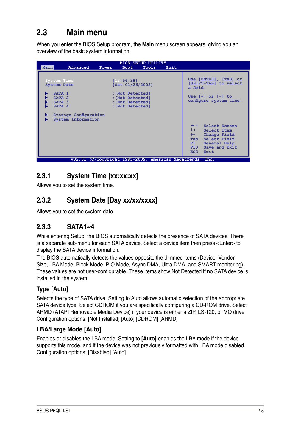 3 main menu, 1 system time, 2 system date | 3 sata1~4, Main menu -5 2.3.1, System time -5, System date -5, Sata1~4 -5, 1 system time [xx:xx:xx, Type [auto | Asus P5QL-I/SI User Manual | Page 30 / 40