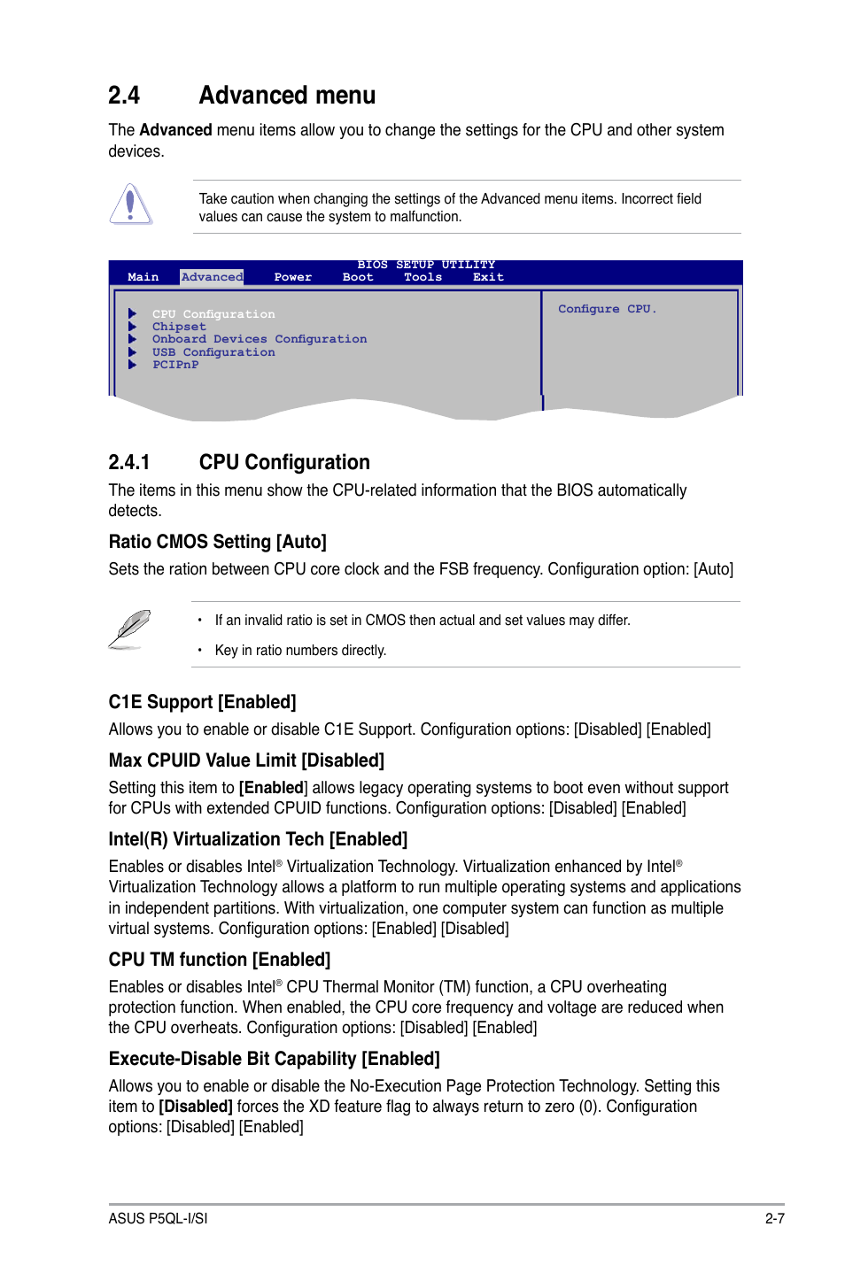 4 advanced menu, 1 cpu configuration, Advanced menu -7 2.4.1 | Cpu configuration -7 | Asus P5QL-I/SI User Manual | Page 32 / 40