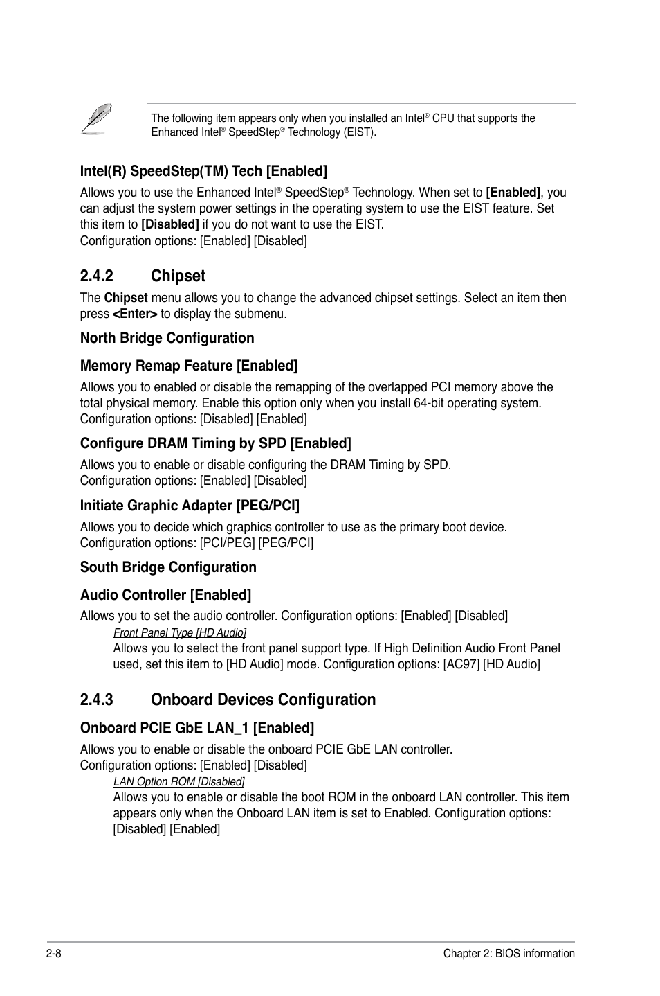 2 chipset, 3 onboard devices configuration, Chipset -8 | Onboard devices configuration -8 | Asus P5QL-I/SI User Manual | Page 33 / 40