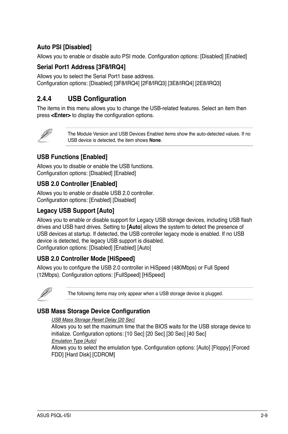 4 usb configuration, Usb configuration -9 | Asus P5QL-I/SI User Manual | Page 34 / 40