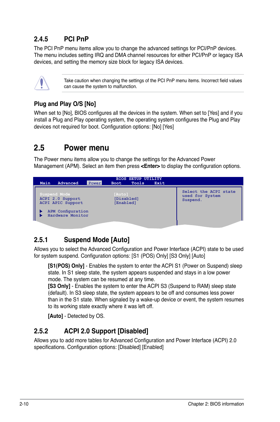 5 pci pnp, 5 power menu, 1 suspend mode | 2 acpi 2.0 support, Pci pnp -10, Power menu -10 2.5.1, Suspend mode -10, Acpi 2.0 support -10, 1 suspend mode [auto, 2 acpi 2.0 support [disabled | Asus P5QL-I/SI User Manual | Page 35 / 40