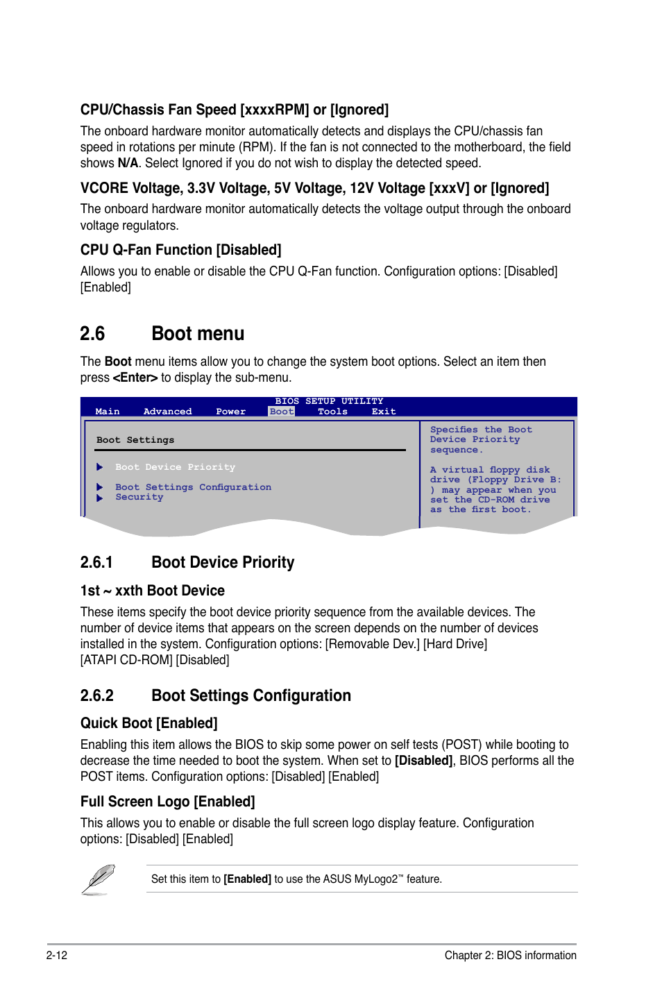 6 boot menu, 1 boot device priority, 2 boot settings configuration | Boot menu -12 2.6.1, Boot device priority -12, Boot settings configuration -12 | Asus P5QL-I/SI User Manual | Page 37 / 40