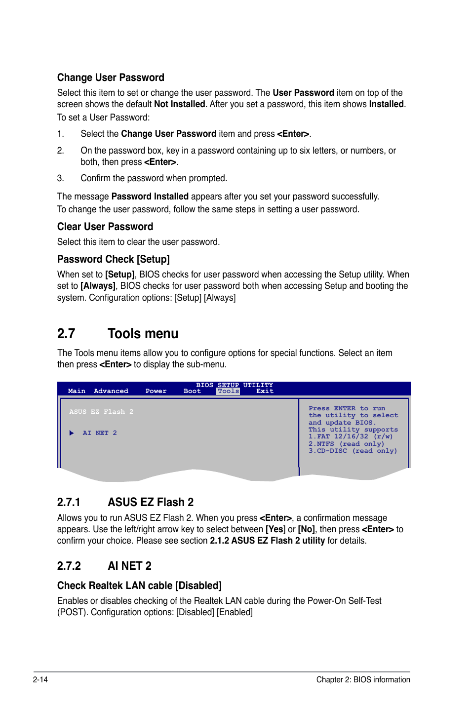 7 tools menu, 1 asus ez flash 2, 2 ai net 2 | Tools menu -14 2.7.1, Asus ez flash 2 -14, Ai net 2 -14 | Asus P5QL-I/SI User Manual | Page 39 / 40