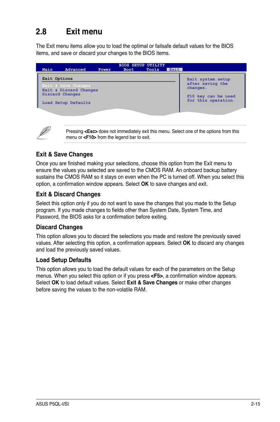 8 exit menu, Exit menu -15, Exit & save changes | Exit & discard changes, Discard changes, Load setup defaults | Asus P5QL-I/SI User Manual | Page 40 / 40